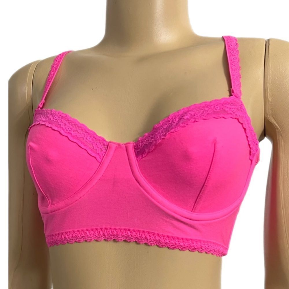 Victoria’s Secret Cotton Strapless Unlined Lace trim Longline underwire bra pink